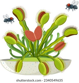 A vector cartoon illustration of flies hovering over a Venus flytrap plant