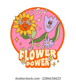 Vector cartoon illustration Flower Power in groovy retro psychedelic style with dancing flowers