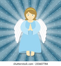 Vector cartoon illustration of flying angel with the hands folded in prayer, smiling in the rays of light on a starry background. Christmas character. Religious symbol.