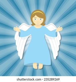 Vector cartoon illustration of flying angel with open arms, smiling in the rays of light on a blue background. Christmas character. Religious symbol.