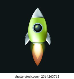 Vector cartoon illustration of flying green metallic space ship with flame on black color background. 3d style design of business startup symbol for web, site, banner, poster