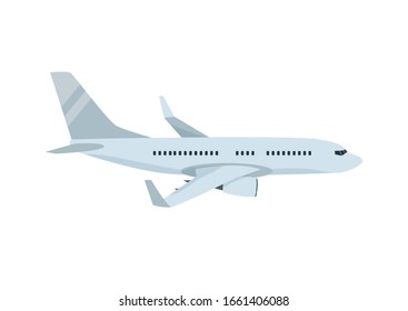 Vector cartoon illustration of flying passenger airplane isolated on white background. Commercial airplane, Airline concept, travel passenger Jet for design, flyer, card, trip offers. Side view.    