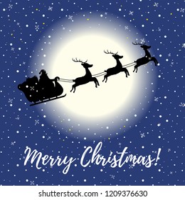 Vector cartoon illustration of flying sleigh with bag of gifts and reindeers at night. Sled with Santa Claus at the sky. Christmas card, banner or poster. Traditional transport for holiday.