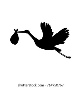 a vector cartoon illustration of a flying stork and carrying a bundle; a bird in flight; a digital draw; isolated on white background