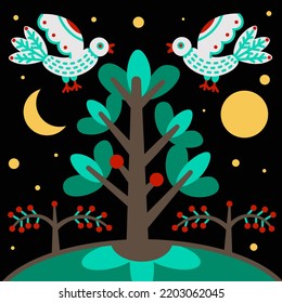 Vector cartoon illustration with folk style flying white birds and green fur tree and red berries. Yellow moon and sun on black night sky.