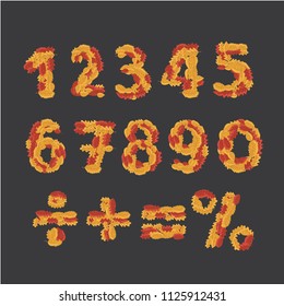 Vector cartoon illustration of font of autumn leaves on dark background. Numbers and sighs. Percent sign plus or minus is equal on dark background.