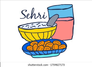 Vector cartoon illustration of food. Lettering text - sehri. Isolated on white background.