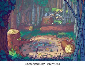 Vector Cartoon Illustration of a forest clearing scene with felled trees and logs and a stream or river in the background. The file is organized into layers for easy editing.