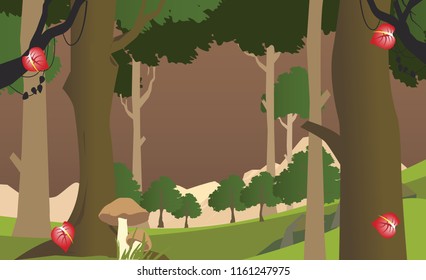 Vector Cartoon Illustration of Forest Landscape Scene