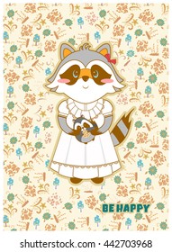 Vector cartoon illustration. Forest, mori-girl style postcard, be happy card, lucky raccoon with toy, herbs and flowers background. Green, blue, beige, black, white colors. Golden shades