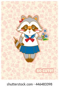 Vector cartoon illustration. Forest, mori-girl style postcard, so cute greeting card, lucky raccoon with leaves, herbs, mushrooms and flowers background. Light, tender, pastel pink colors