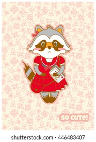 Vector cartoon illustration. Forest, mori-girl style postcard, so cute greeting card, lucky raccoon with diary, herbs, mushrooms and flowers background. Light, tender, pastel pink colors