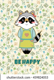 Vector cartoon illustration. Forest, mori-girl style postcard, be happy card, lucky raccoon, herbs and flowers background. Sweet green, blue, beige, black and white colors