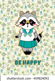 Vector cartoon illustration. Forest, mori-girl style postcard, be happy card, lucky raccoon with berries, herbs and flowers background. Sweet green, blue, beige, black and white colors