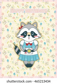 Vector cartoon illustration. Forest, mori-girl style postcard, happy birthday greeting card, lucky raccoon with photo camera, herbs, mushrooms and flowers background. Light, tender, pastel pink colors