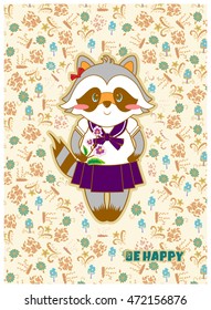 Vector cartoon illustration. Forest, mori-girl style postcard, be happy card, lucky raccoon with branch, herbs and flowers background. Green, blue, beige, black, white colors. Golden shades