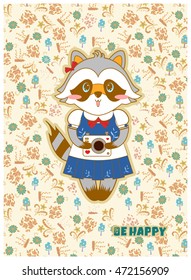Vector cartoon illustration. Forest, mori-girl style postcard, be happy card, lucky raccoon with photo camera, herbs and flowers background. Green, blue, beige, black, white colors. Golden shades