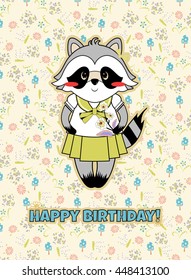Vector cartoon illustration. Forest, vintage style postcard, happy birthday greeting card, lucky raccoon with branch, herbs, mushrooms and flowers background. Light, tender, pastel colors