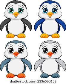 A vector cartoon illustration of four cute baby penguins isolated on a white background