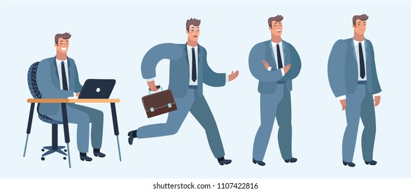 Vector cartoon illustration of four different pose character. Business man character face emotions and gestures. Run, Self confidence folding arm, work on laptop at table, sad upside down frustration.