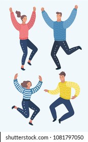 Vector cartoon illustration of Four happy people are jumping and rejoice, excitement,. Happy, cheerful cartoon people laughing. Character set of male and female characters.