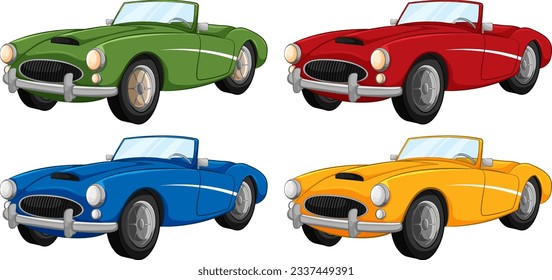 Vector cartoon illustration of four vintage convertible cars outlined on a white background