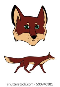 Vector cartoon illustration of fox head and running fox on white background.