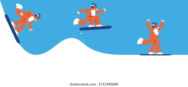Vector ilustración de dibujos animados. Zorro con casco monta snowboard por la montaña de nieve. Fases de salto de snowboarder, realizando truco sobre colina. Turismo. Atleta ganó en competición de deportes extremos de invierno