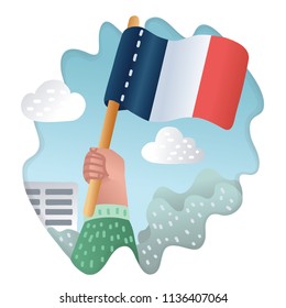Vector cartoon illustration of France flag in human hand. Fans, patriotic concept on outdoor background.