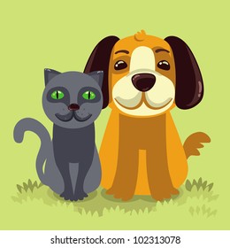 vector cartoon illustration - friendly dog and cat on green grass
