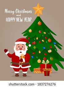Dibujo vectorial de Santa Claus amigo con regalos. Árbol de Navidad en el fondo