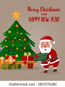 Vector cartoon illustration of friendly Santa Claus with gifts. Christmas tree in the background