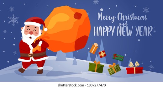 
Vector cartoon illustration of a friendly Santa Claus with a bag of gifts. Winter background