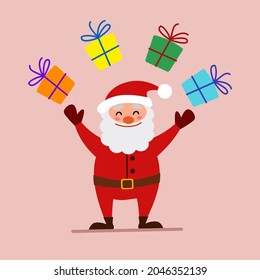 Vector cartoon illustration of a friendly smiling Santa Claus, juggling gifts