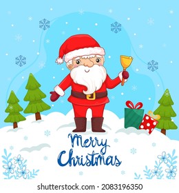 Dibujo vectorial de un amigo y sonriente Santa Claus sonando una campana, la nieve cayendo en el fondo, los regalos tendidos en el suelo. Ilustración vectorial de Navidad con Santa Claus