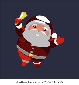 Vector cartoon illustration of friendly smiling Santa Claus ringing bells, Christmas design elements.