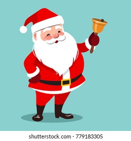 Vector cartoon illustration of friendly smiling standing Santa Claus ringing a hand bell, isolated on aqua blue background. Christmas seasonal design element if flat contemporary style.