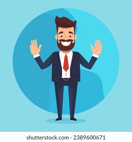 Vector cartoon illustration of a friendly successful male businessman in a classic suit waving his hands in greeting.