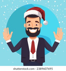 Vector cartoon illustration, a friendly successful male businessman in a classic suit and a red Christmas hat with a pompom waves his hands in greeting.
