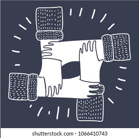 Vector cartoon illustration of friendship concept - Four person linking hands. Holding each other hand. Support and Unity. Modern concept on dark background.