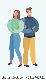 Vector cartoon illustration of Full length of couple standing arms crossed against white background. Proud people who did their work well