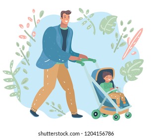 Vector cartoon illustration of Full length portrait of young happy father walking in park and pushing carriage with son baby, smiling happily.