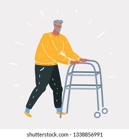 Vector cartoon illustration of Full length portrait of senior using a walker isolated on white background