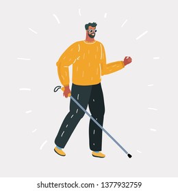 Vector cartoon illustration of Full length profile shot of a blind young man with a cane walking isolated on white background