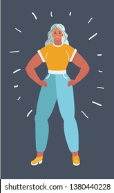 Vector cartoon illustration of Full length of woman stand and posing her arms on hip on dark background.