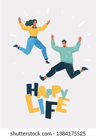 Vector cartoon illustration of Full length portrait of a cheery young couple jumping together on white background.