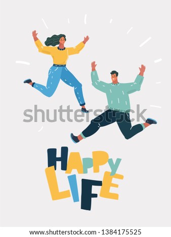 Vector cartoon illustration of Full length portrait of a cheery young couple jumping together on white background.