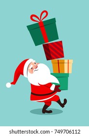 Vector cartoon illustration of funny anxious looking Santa Claus carrying a tall stack of colorful gift boxes, the topmost boxes off balance starting to fall down, isolated on aqua blue background.