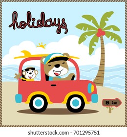 vector cartoon illustration of funny bear with monkey on car in the beach at summer holiday time