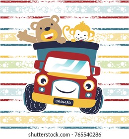 Vector cartoon illustration of funny bear with monkey on truck on colorful striped background 